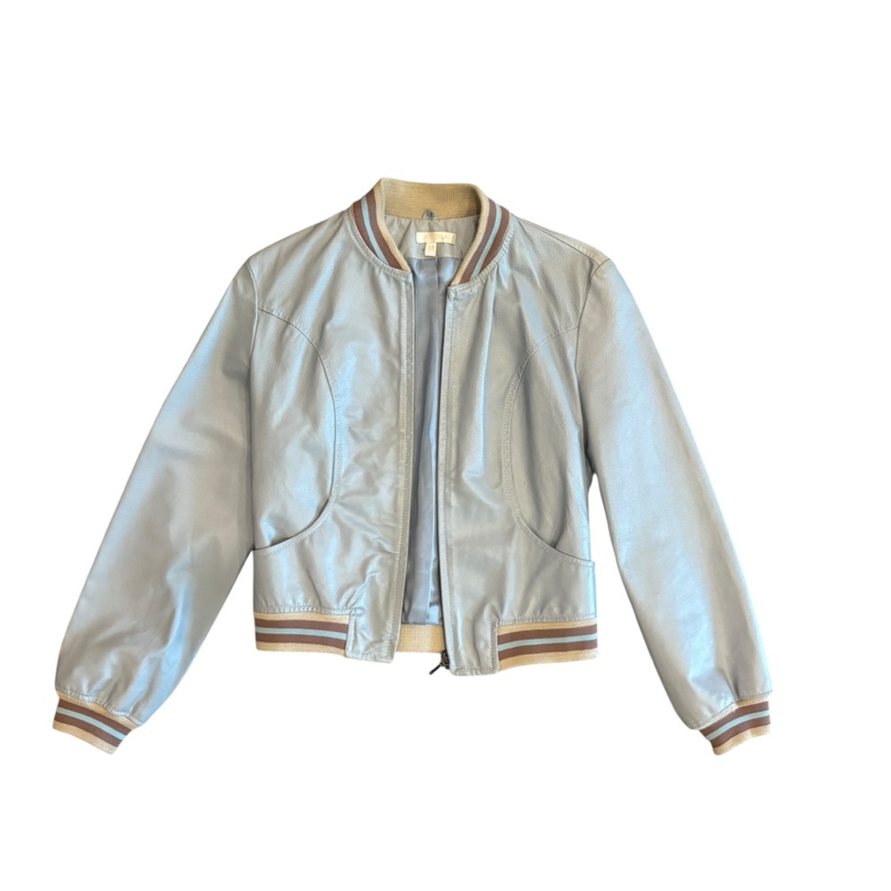 Kookai Pale Blue Leather Bomber zip Front Striped Rib Trim Size 6 US 38FR